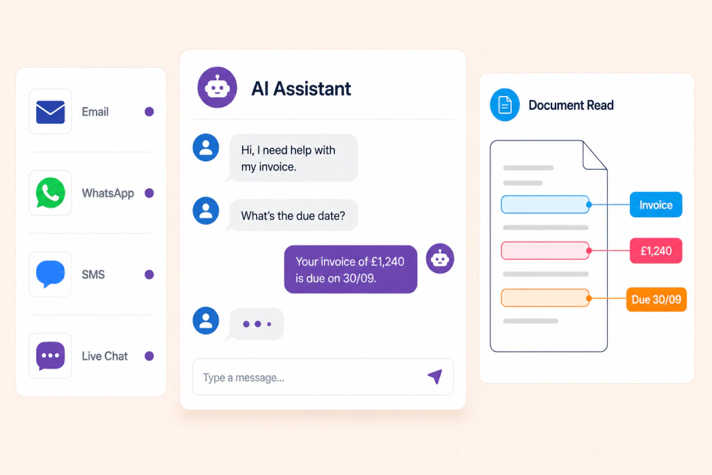 An AI assistant answering an invoice question across email, WhatsApp, SMS and live chat, beside a document with its key fields read off automatically