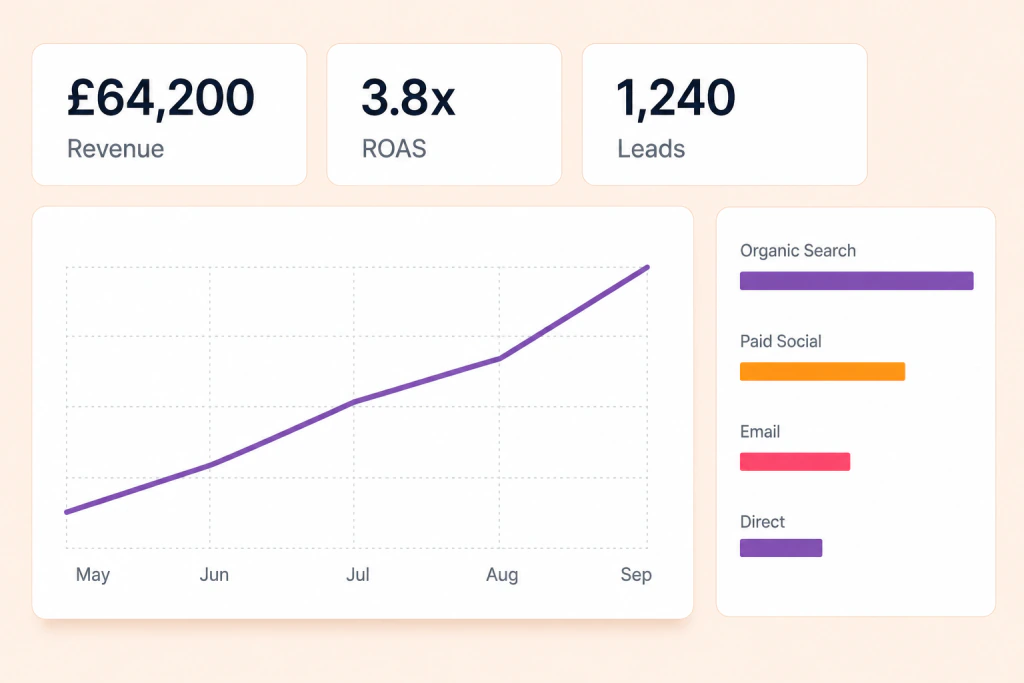 A marketing performance dashboard showing revenue, return on ad spend and leads, with a rising trend line and a breakdown by traffic channel
