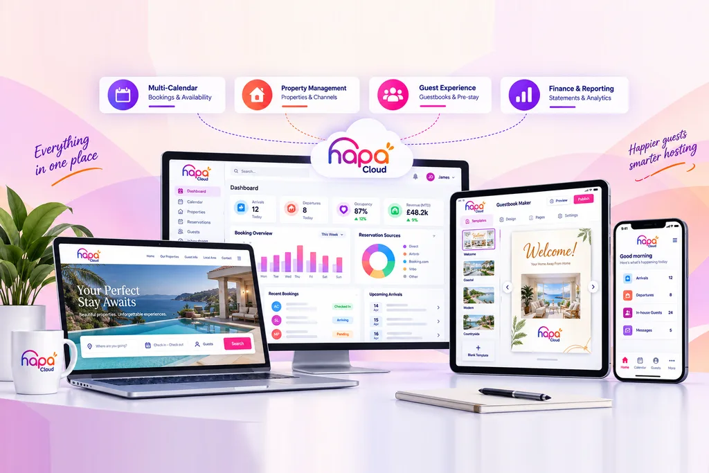 HAPA Cloud PMS across desktop, tablet and phone, showing the booking dashboard with arrivals, occupancy and revenue, the guest book maker and the direct booking site