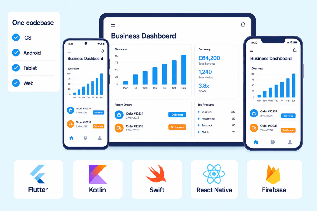 One app running from a single codebase on an Android phone, an iPhone and a tablet, above the Flutter, Kotlin, Swift, React Native and Firebase stack