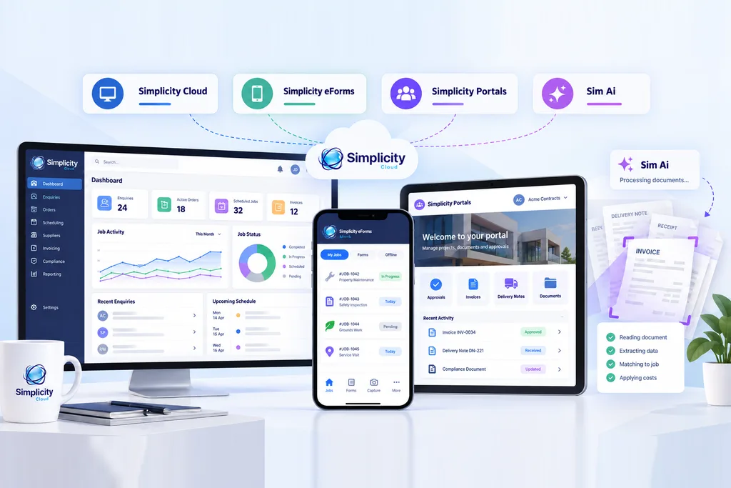 Simplicity Cloud across desktop, tablet and phone, showing the office dashboard of enquiries, orders and scheduled jobs, the eForms app, the client portal and Sim Ai reading documents