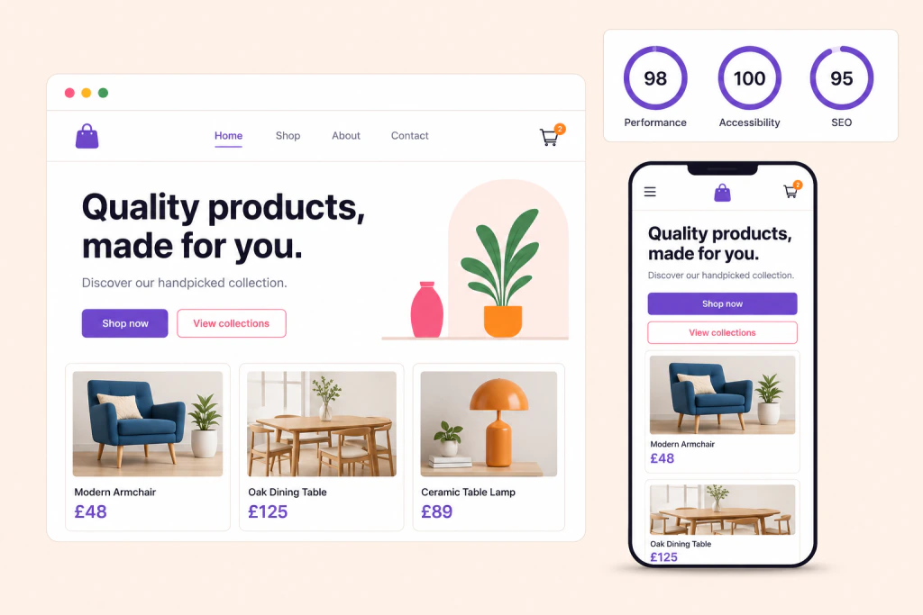 A bespoke e-commerce website shown in a browser and reflowed on a phone, beside perfect performance, accessibility and SEO scores