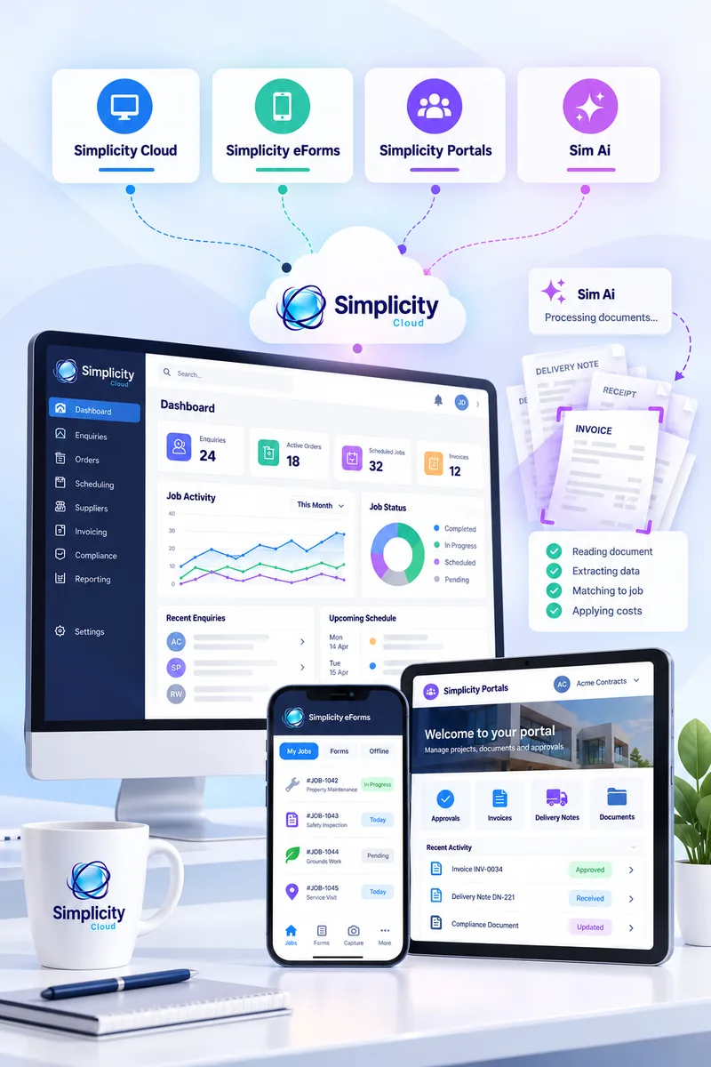 The Simplicity Cloud back-office on a desktop, with the enquiry, order and job counts, job activity over the month and the day's schedule