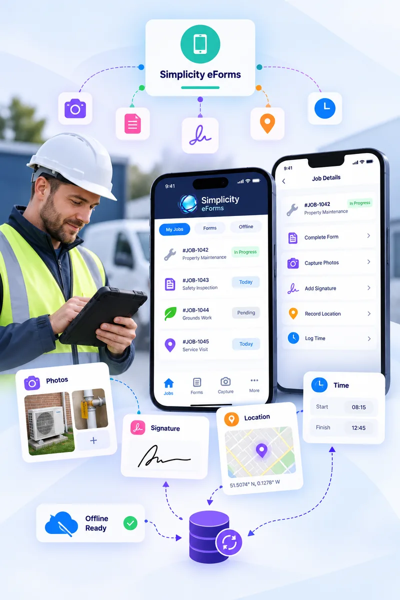 The Simplicity eForms app on a phone, showing an operative's job list and a form being completed on site