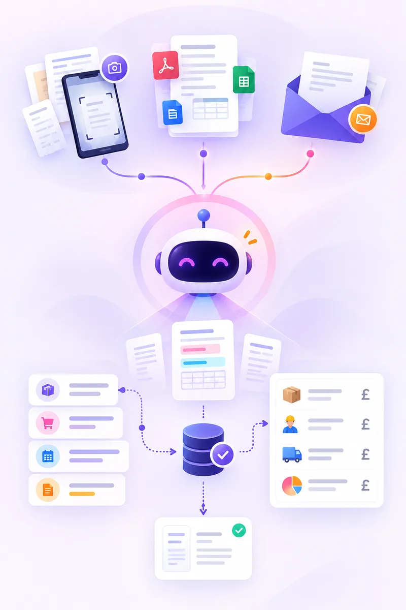 Documents reaching Sim Ai from a scan, an upload and an email, read into a structured record and costed against the job