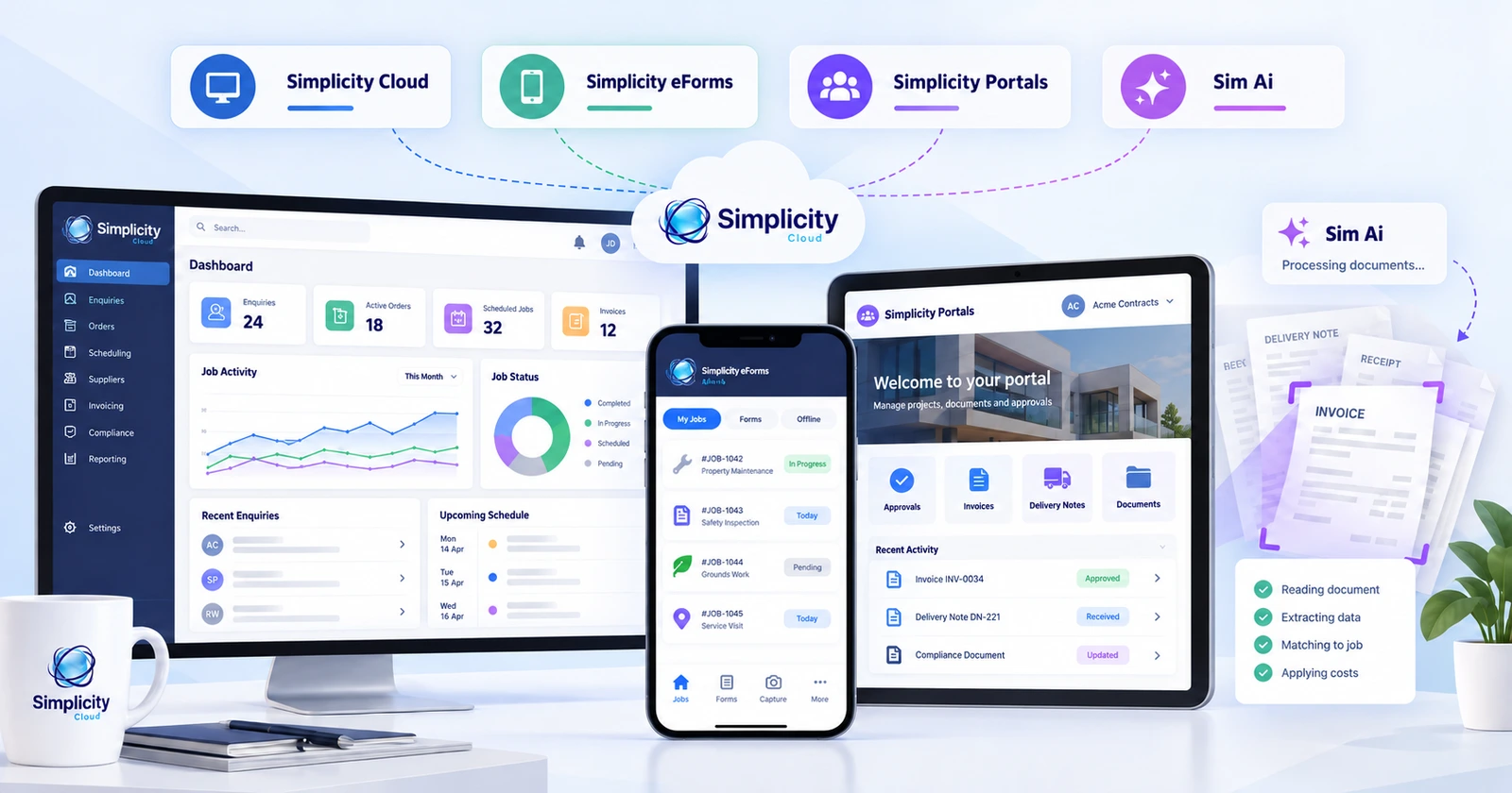 Simplicity Cloud running across a desktop dashboard, the eForms mobile app, a client portal and Sim Ai reading documents